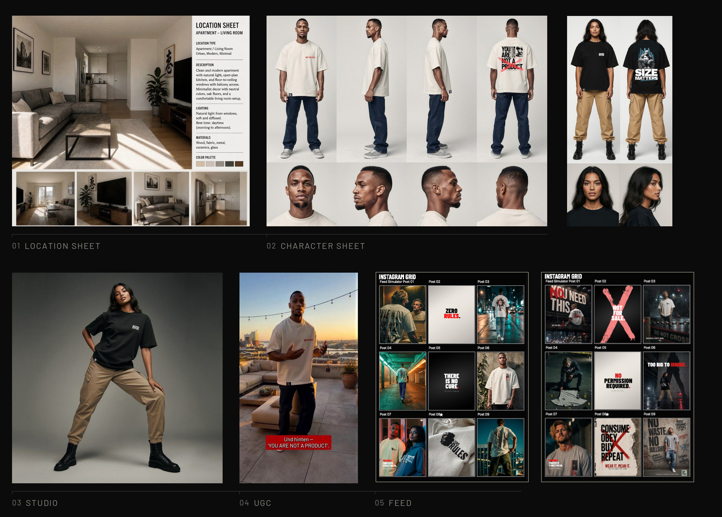 Film Art Wear — Location Sheet, Character Sheet, Studio, UGC und Feed als Produktionskette